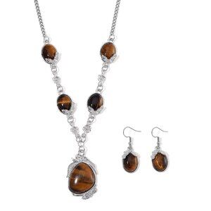Stunning Tiger's Eye 20" Necklace and Earrings 2 Piece Set in Silvertone